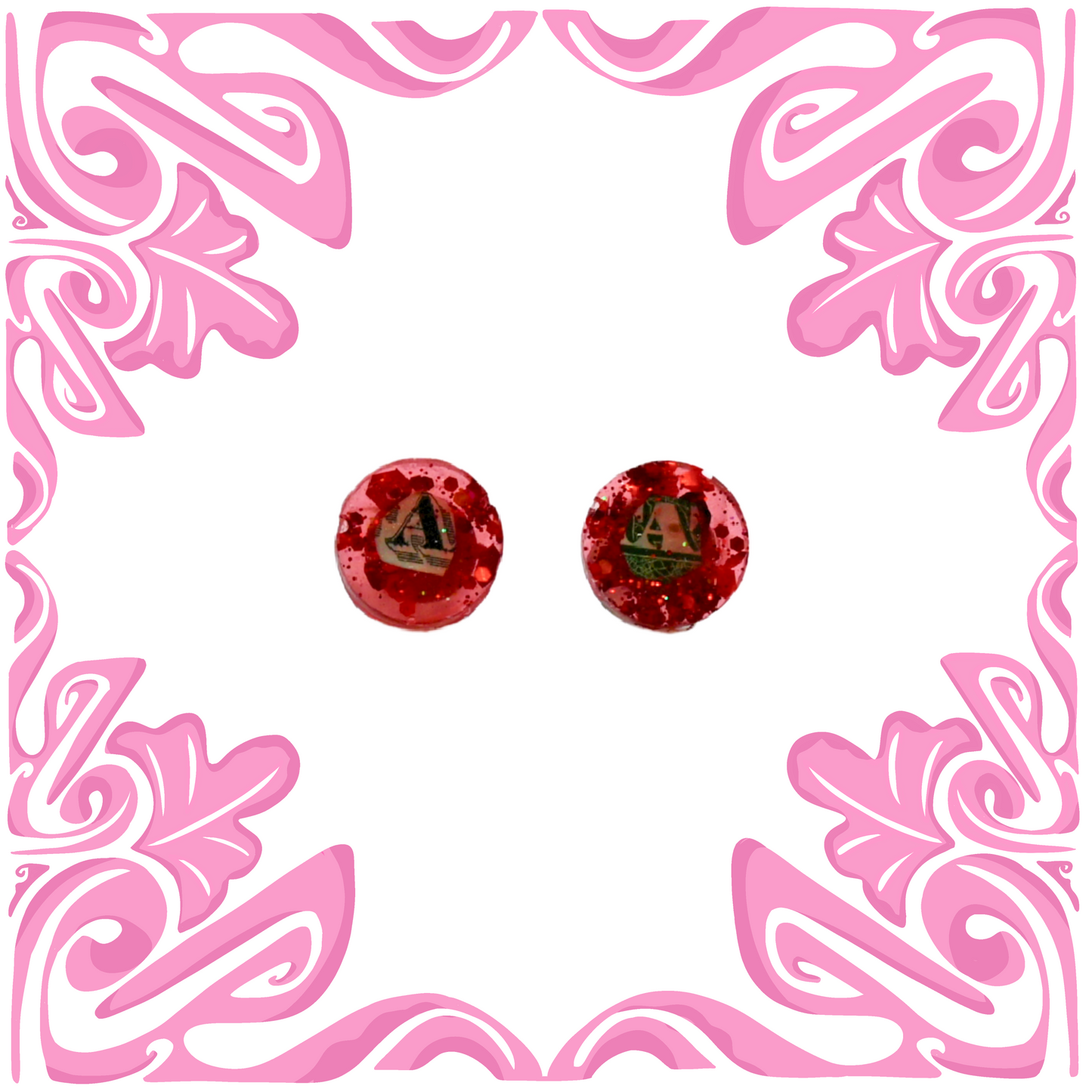 RED HEXAGON MONEY LETTER "A" EARRINGS