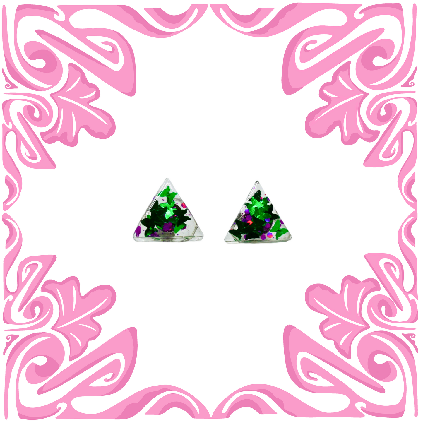 GREEN & PINK BUTTERFLY TRIANGLE EARRINGS