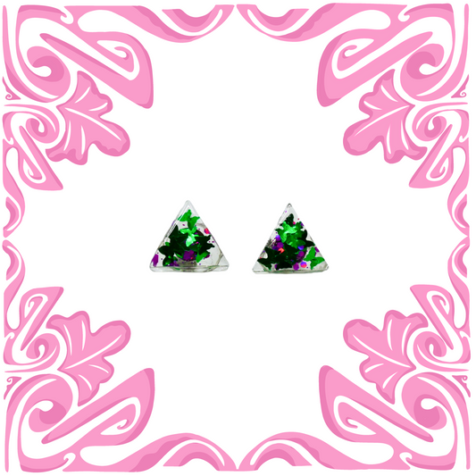 GREEN & PINK BUTTERFLY TRIANGLE EARRINGS